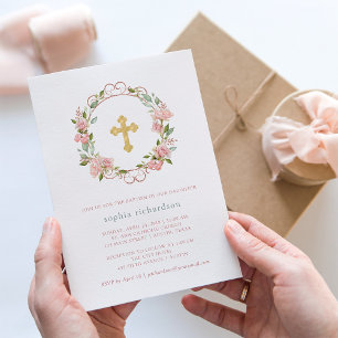 Pretty Pink Roses and Gold Cross   Floral Baptism Invitation