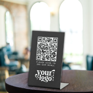 QR Code Black Menu Logo Contactless Modern Cafe Pedestal Sign