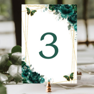 Quinceañera Emerald Green Floral Gold Butterflies  Table Number