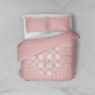 Retro Custom Monogram Checkered Grid Heart Pink Duvet Cover