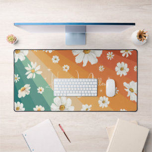 Retro Daisy Floral Rainbow Monogram Desk Mat