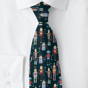 Retro Robot Pattern Dark Neck Tie