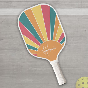 Retro stripe sunrise - pastel rainbow script name pickleball paddle