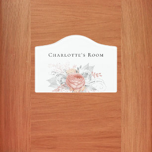 Rose gold florals white name door sign