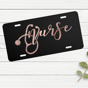 Rose Gold Foil Glitter Look Nurse Nursing License Plate