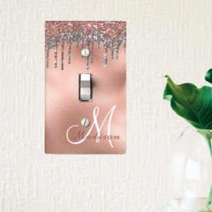 Rose gold Monogram Glitter Drips Pretty Girly Light Switch Cover