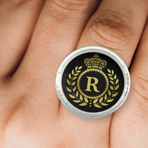 Royal Crown Laurel Wreath Black Gold Monogrammed Ring