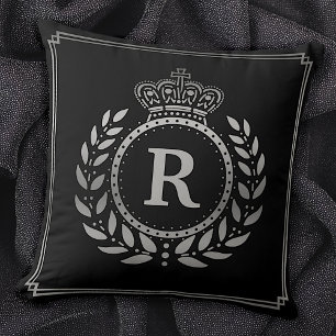 Royal Crown Laurel Wreath Black Silver Monogrammed Throw Pillow