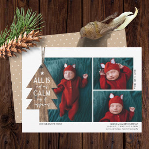 Rustic Christmas Tree 3 Photo Birth Announcement