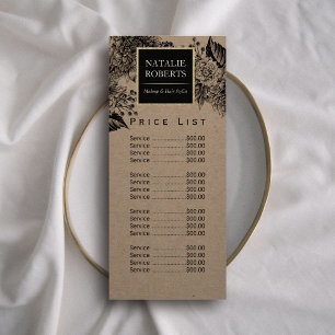 Rustic Kraft Floral Makeup Artist Hair Salon Price Rack Card