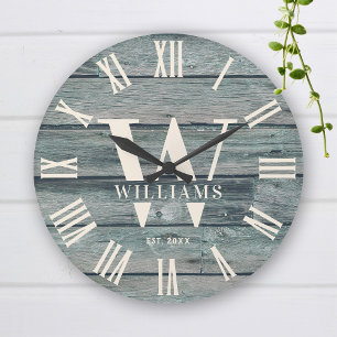 Rustic Monogram Driftwood Custom Family Name Large Clock