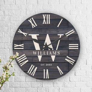 Rustic Monogram Farmhouse Custom Family Name Large Clock