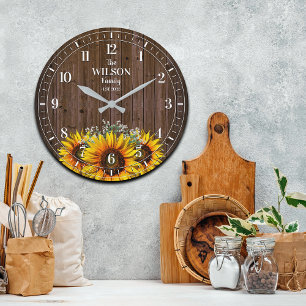 Rustic Sunflower and Wood Family Name Large Clock