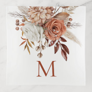 Rustic Terracotta Autumn Florals Monogram Initial Trinket Tray