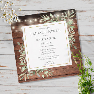 Rustic Wood String Lights Greenery Bridal Shower Invitation