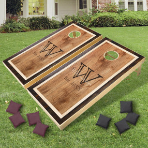 Rustic Wood Tone Monogram Square Design Cornhole Set