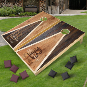 Rustic Wood Tone Monogram Triangle Design Cornhole Set