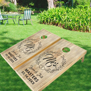 Rustic Woodgrain Mr and Mrs Couples Cornhole Set