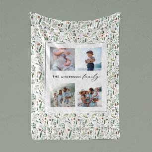 Sage green botanical elegant modern family 4 photo fleece blanket