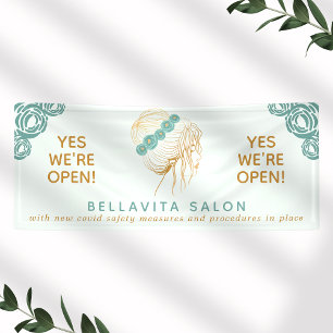 Salon Teal Gold Floral Updo Logo Covid Reopening Banner