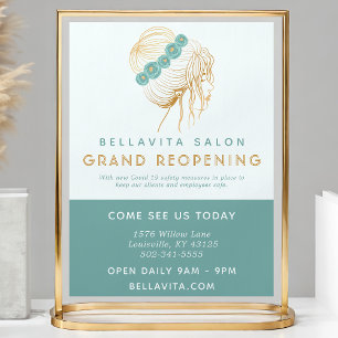 Salon Teal Gold Floral Updo Logo Covid Reopening Flyer