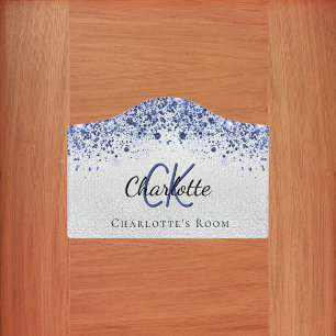 Silver blue glitter dust monogram name door sign