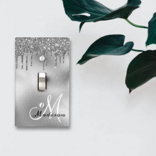 Silver Monogram Glitter Drips Pretty Girly Light Switch Cover