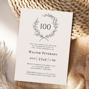 Simple Ivory Elegant Laurel Wreath 100th Birthday Invitation