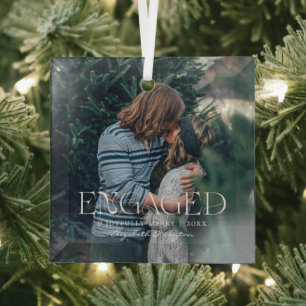 Simple Modern Elegant Engaged Photo   Christmas Glass Ornament