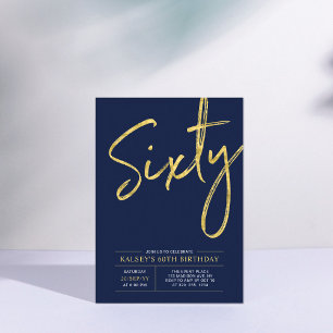 Sixty   Modern Gold & Blue 60th Birthday Party Invitation