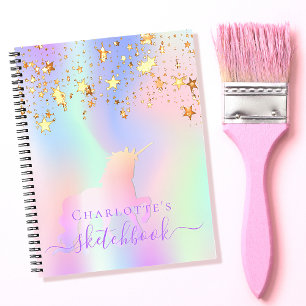 Sketchbook unicorn pink gold stars iridescent name notebook