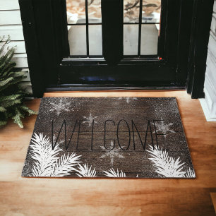 Snow pine trees brown rustic wood winter doormat