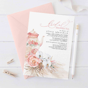 Soft Pink Floral Pampas Grass Bridal Shower Tea Invitation