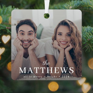 Stylish Christmas   Minimal Fun Couple Photo Metal Ornament