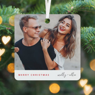 Stylish Christmas   Modern Trendy Couple Photo Metal Ornament