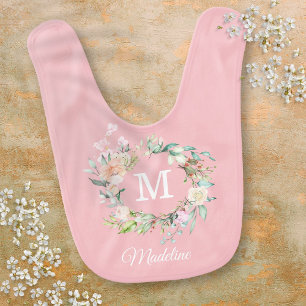 Summer Rose Garland Initial Monogram Pink Baby Bib