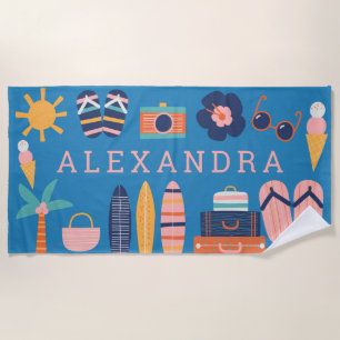 Summer Travel Theme Cute Blue Personalized  Beach Towel