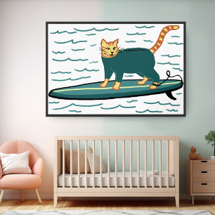 Surfing Tabby Cat Fun Cool Nursery Kids Beach Poster