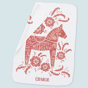 Swedish Dala Horse Traditional Folk Art Name Baby Blanket