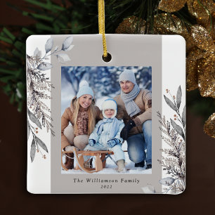 Tan & Gray Winter Foliage Photo Christmas Ceramic Ornament