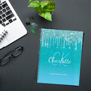 Teal blue glitter aqua green name planner