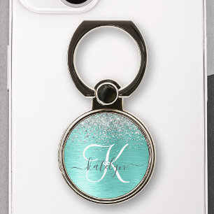 Teal Brushed Metal Silver Glitter Monogram Name Phone Ring Stand