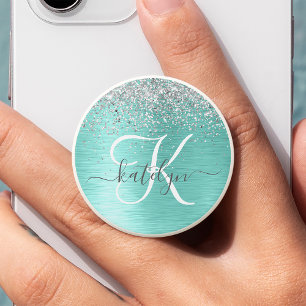 Teal Brushed Metal Silver Glitter Monogram Name PopSocket