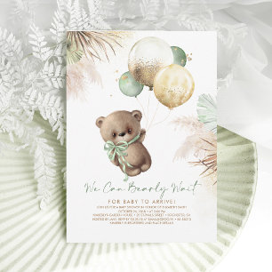 Teddy Bear Brown Sage Green Balloons Baby Shower Invitation