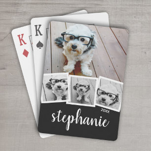 Trendy 4 Photo Collage Script Name White Black Poker Cards