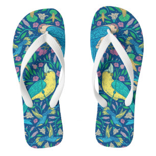 Tropical Birds & Flowers Illustration Pattern Flip Flops