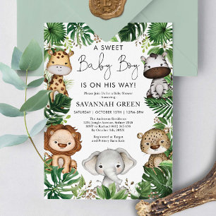 Tropical Jungle Safari Animals Boy Baby Shower Invitation