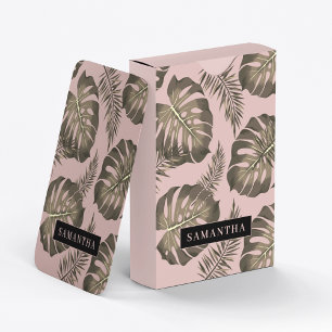 Tropical Pink & Gold Palm Leaves Pattern & Name  Poker Cards