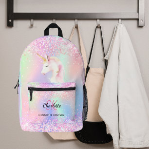 Unicorn holographic pink monogram name printed backpack