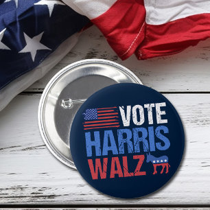 Vote Harris Walz Democrat Donkey American Flag Button